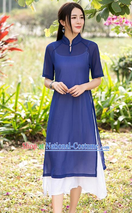 Traditional Ancient Chinese National Costume, Elegant Hanfu Mandarin Qipao Stand Collar Two-Piece Navy Chiffon Dress, China Tang Suit Plated Buttons Chirpaur Republic of China Cheongsam Upper Outer Garment Elegant Dress Clothing for Women