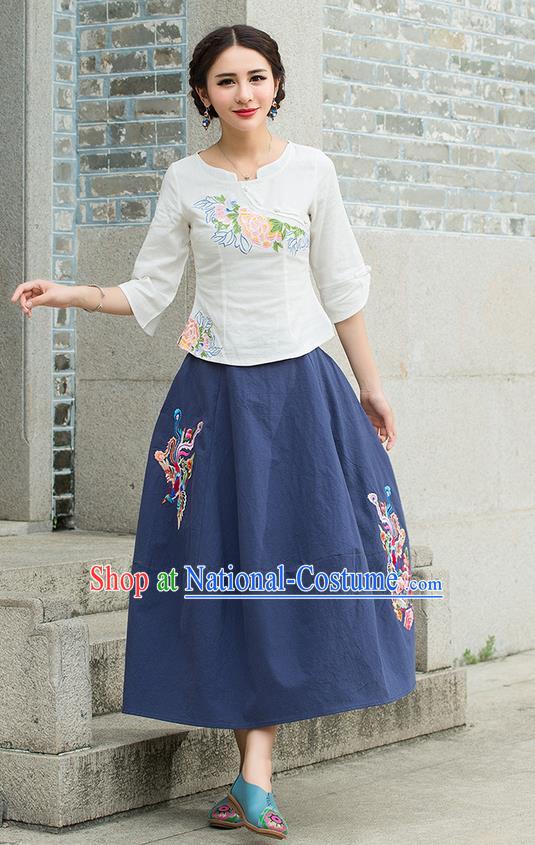 Traditional Ancient Chinese National Pleated Skirt Costume, Elegant Hanfu Embroidered Phoenix Long Blue Linen Dress, China Tang Dynasty Bust Skirt for Women