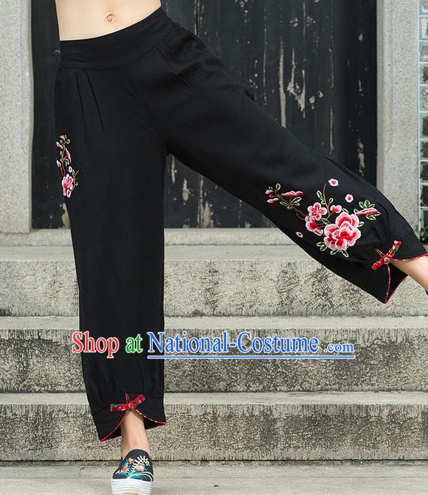 Traditional Chinese National Costume Loose Pants, Elegant Hanfu Embroidery Peony Black Bloomers, China Ethnic Minorities Folk Dance Tang Suit Pantalettes for Women