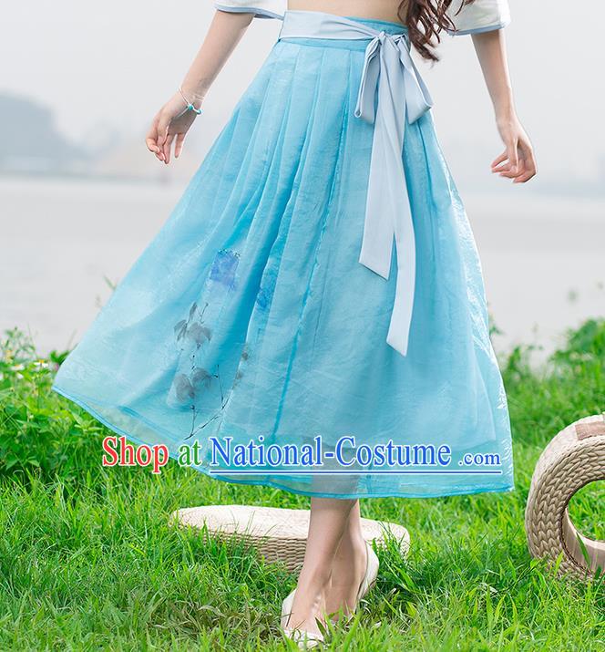 Traditional Ancient Chinese National Pleated Skirt Costume, Elegant Hanfu Chiffon Long Blue Dress, China Tang Dynasty Bust Skirt for Women