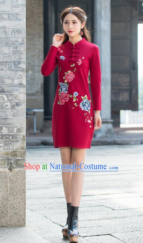 Traditional Ancient Chinese National Costume, Elegant Hanfu Mandarin Qipao Linen Embroidery Red Dress, China Tang Suit Plated Buttons Chirpaur Republic of China Cheongsam Upper Outer Garment Elegant Dress Clothing for Women