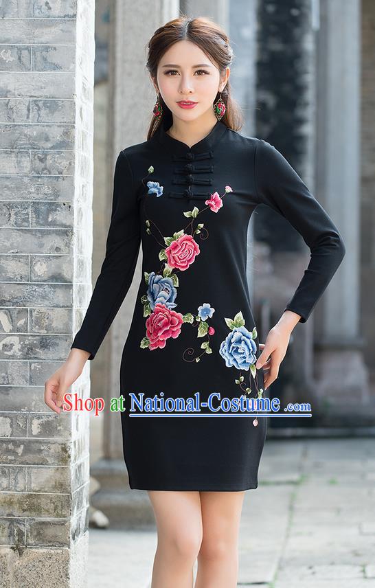 Traditional Ancient Chinese National Costume, Elegant Hanfu Mandarin Qipao Linen Embroidery Black Dress, China Tang Suit Plated Buttons Chirpaur Republic of China Cheongsam Upper Outer Garment Elegant Dress Clothing for Women