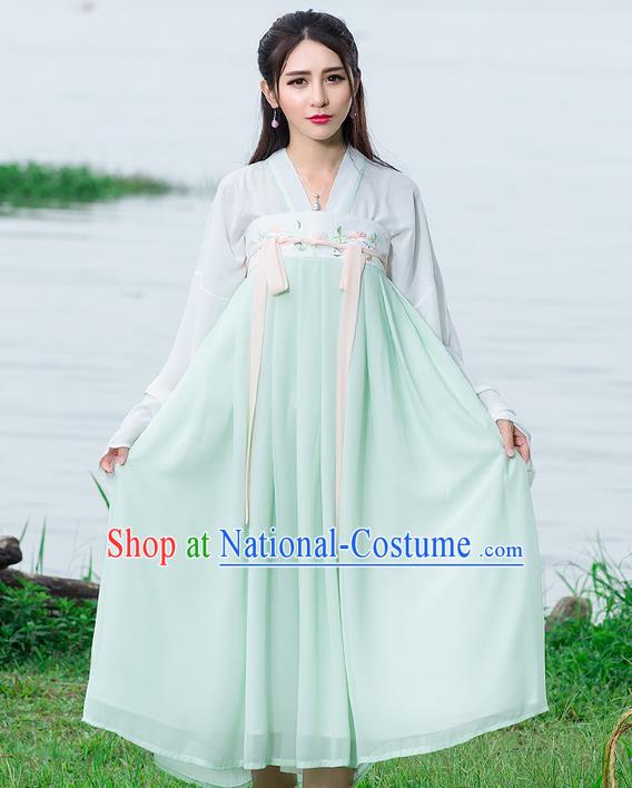 Traditional Ancient Chinese National Costume, Elegant Hanfu Embroidery Blouse and Dress, China Tang Dynasty Upper Outer Garment Elegant Blue Dress Clothing for Women