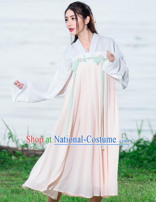 Traditional Ancient Chinese National Costume, Elegant Hanfu Embroidery Blouse and Dress, China Tang Dynasty Upper Outer Garment Elegant Pink Dress Clothing for Women