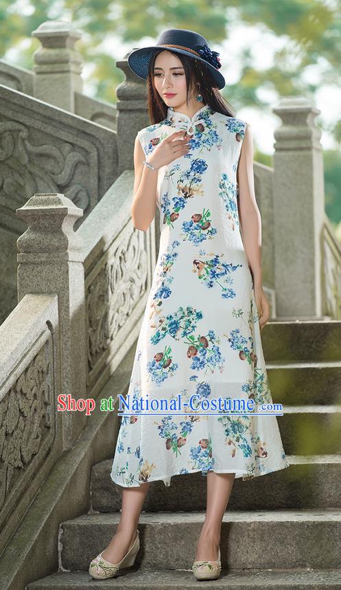 Traditional Ancient Chinese National Costume, Elegant Hanfu Mandarin Qipao Painting Stand Collar White Dress, China Tang Suit Plated Button Chirpaur Republic of China Cheongsam Upper Outer Garment Elegant Dress Clothing for Women