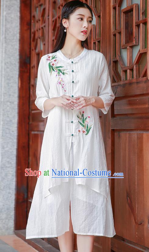 Traditional Ancient Chinese National Costume, Elegant Hanfu Embroidery Cardigan Linen White Coat, China Tang Suit Plated Buttons Cape, Upper Outer Garment Dust Coat Cloak Clothing for Women