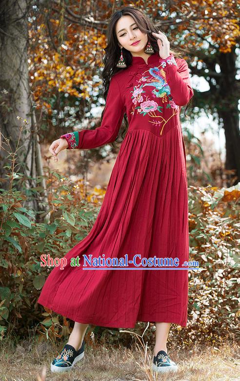 Traditional Ancient Chinese National Costume, Elegant Hanfu Mandarin Qipao Linen Embroidery Phoenix Red Dress, China Tang Suit National Minority Dance Elegant Dress Clothing for Women