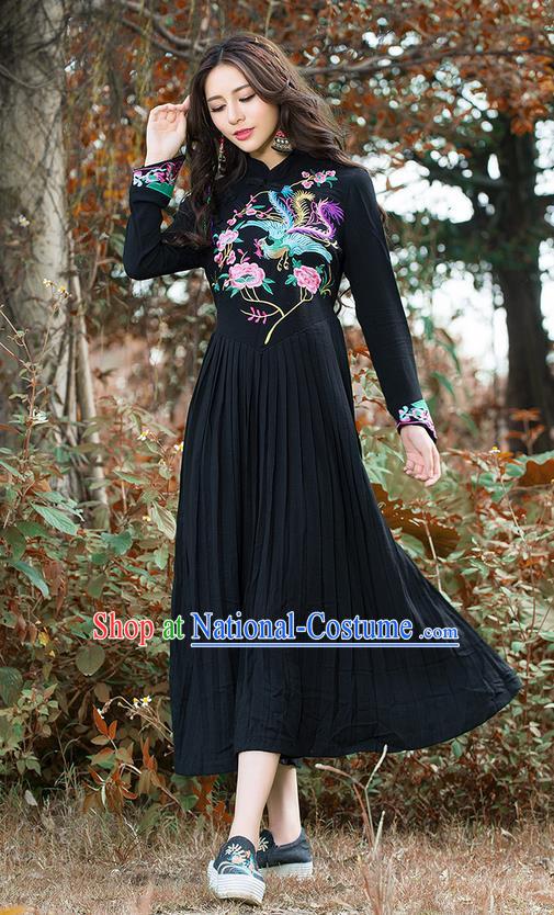 Traditional Ancient Chinese National Costume, Elegant Hanfu Mandarin Qipao Linen Embroidery Phoenix Black Dress, China Tang Suit National Minority Dance Elegant Dress Clothing for Women