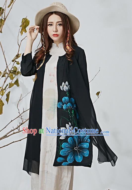 Traditional Ancient Chinese National Costume, Elegant Hanfu Black Cardigan, China Tang Suit Cape, Upper Outer Garment Dust Coat Cloak Clothing for Women