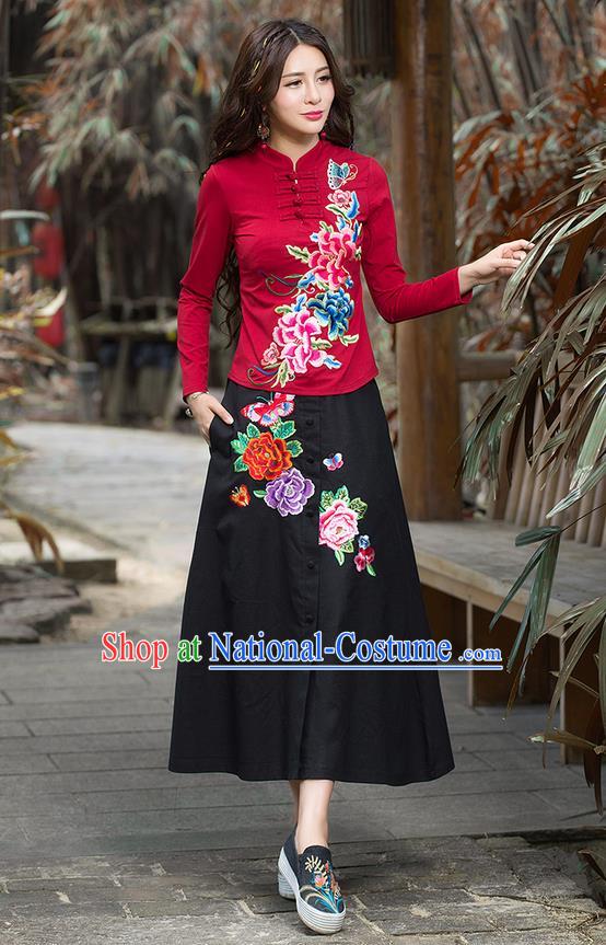 Traditional Ancient Chinese National Pleated Skirt Costume, Elegant Hanfu Embroidery Peony Flowers Long Black Skirt, China Tang Suit Bust Skirt for Women