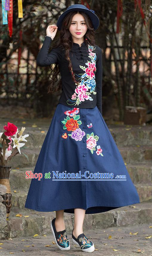 Traditional Ancient Chinese National Pleated Skirt Costume, Elegant Hanfu Embroidery Peony Flowers Long Blue Skirt, China Tang Suit Bust Skirt for Women