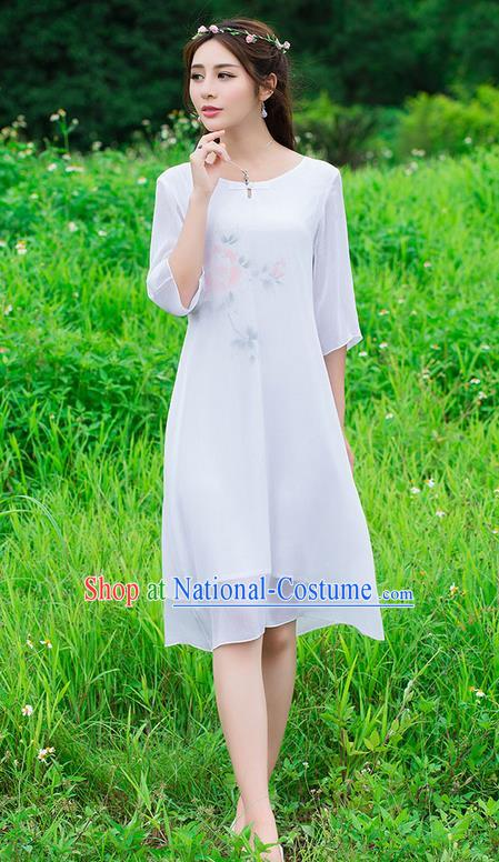 Traditional Ancient Chinese National Costume, Elegant Hanfu Mandarin Qipao Hand Painting White Dress, China Tang Suit National Minority Dance Chirpaur Republic of China Cheongsam Upper Outer Garment Elegant Dress Clothing for Women