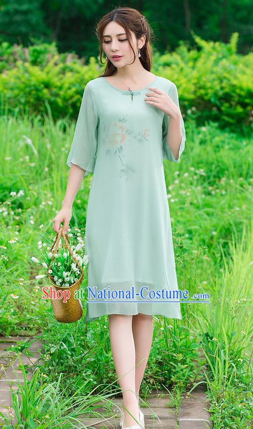 Traditional Ancient Chinese National Costume, Elegant Hanfu Mandarin Qipao Hand Painting Green Dress, China Tang Suit National Minority Dance Chirpaur Republic of China Cheongsam Upper Outer Garment Elegant Dress Clothing for Women