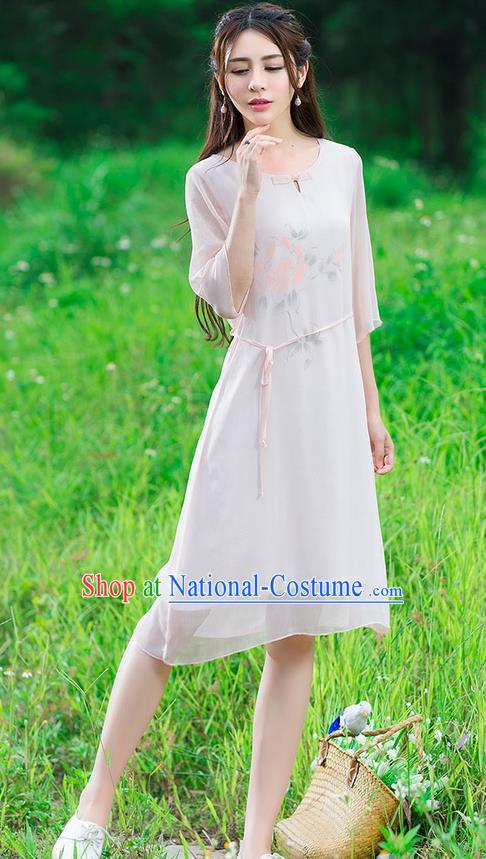 Traditional Ancient Chinese National Costume, Elegant Hanfu Mandarin Qipao Hand Painting Pink Dress, China Tang Suit National Minority Dance Chirpaur Republic of China Cheongsam Upper Outer Garment Elegant Dress Clothing for Women