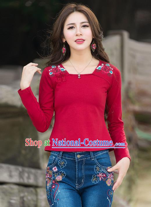 Traditional Chinese National Costume, Elegant Hanfu Embroidery Flowers Red T-Shirt, China Tang Suit Republic of China Plated Buttons Blouse Cheongsam Upper Outer Garment Qipao Shirts Clothing for Women