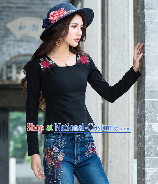 Traditional Chinese National Costume, Elegant Hanfu Embroidery Flowers Black T-Shirt, China Tang Suit Republic of China Plated Buttons Blouse Cheongsam Upper Outer Garment Qipao Shirts Clothing for Women