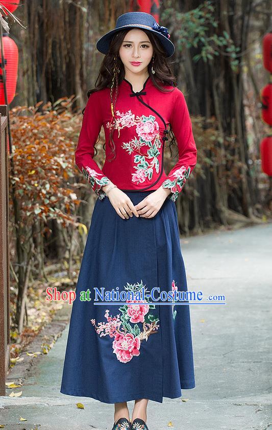 Traditional Chinese National Costume, Elegant Hanfu Hand Embroidery Flowers Red T-Shirt, China Tang Suit Republic of China Plated Buttons Blouse Cheongsam Upper Outer Garment Qipao Shirts Clothing for Women