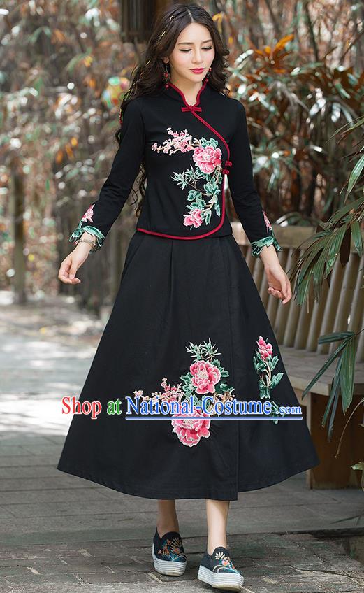 Traditional Chinese National Costume, Elegant Hanfu Hand Embroidery Flowers Black T-Shirt, China Tang Suit Republic of China Plated Buttons Blouse Cheongsam Upper Outer Garment Qipao Shirts Clothing for Women