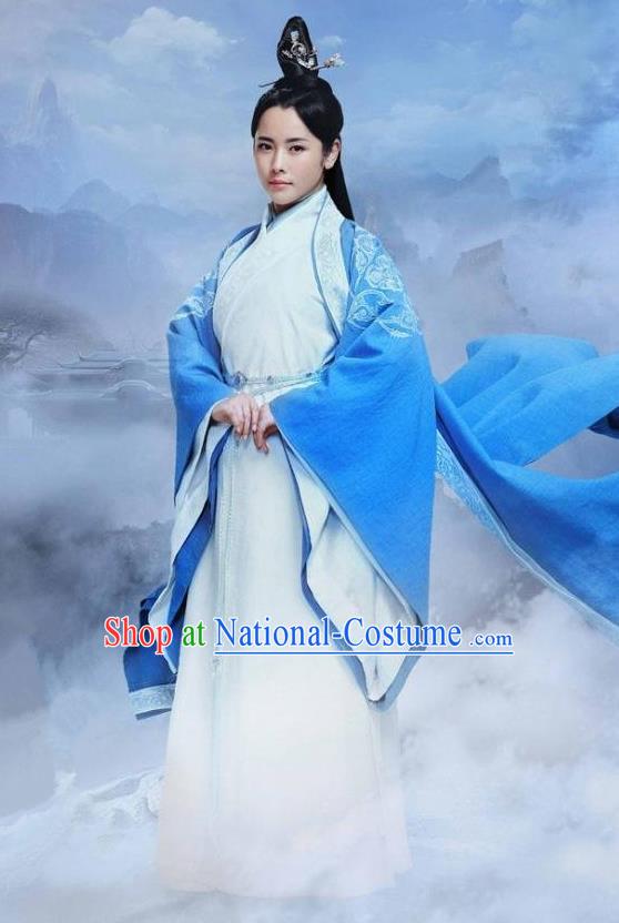 Traditional Ancient Chinese Elegant Swordsman Costume, Chinese Han Dynasty Taoist Nun Dress, Cosplay Chinese Television Drama Jade Dynasty Qing Yun Faction Peri Hanfu Trailing Embroidery Clothing for Women