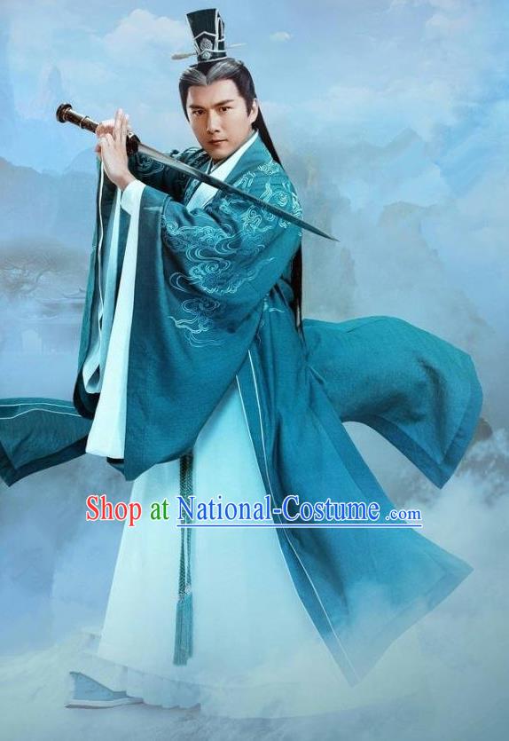 Traditional Ancient Chinese Elegant Swordsman Costume, Chinese Han Dynasty Taoist Priest Robes Kung fu Master Dress, Cosplay Chinese Television Drama Jade Dynasty Qing Yun Faction Elder Hanfu Clothing for Men