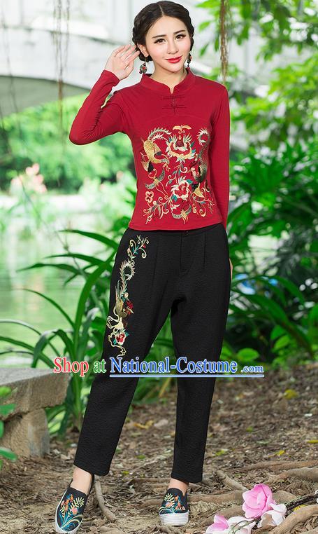 Traditional Chinese National Costume Plus Fours, Elegant Hanfu Embroidery Phoenix Black Bloomers, China Ethnic Minorities Folk Dance Tang Suit Pantalettes for Women