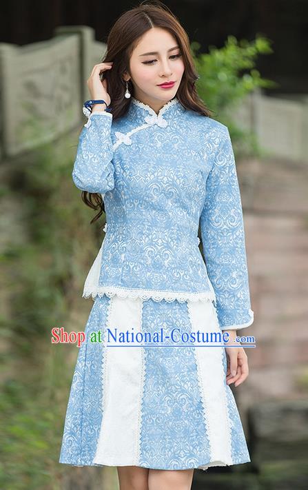 Traditional Chinese National Costume, Elegant Hanfu Slant Opening Blue Shirt and Skirt, China Tang Suit Republic of China Plated Buttons Blouse and Skirt Cheongsam Upper Outer Garment Qipao Shirts Clothing for Women