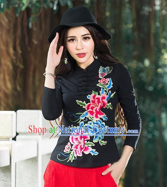 Traditional Chinese National Costume, Elegant Hanfu Embroidery Peony Flowers Stand Collar Black T-Shirt, China Tang Suit Republic of China Blouse Cheongsam Upper Outer Garment Qipao Shirts Clothing for Women