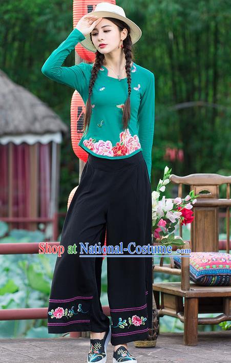 Traditional Chinese National Costume, Elegant Hanfu Embroidery Peony Flowers Green T-Shirt, China Tang Suit Republic of China Blouse Cheongsam Upper Outer Garment Qipao Shirts Clothing for Women