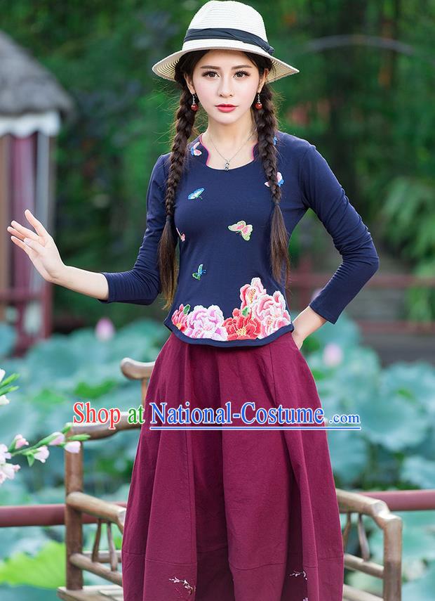 Traditional Chinese National Costume, Elegant Hanfu Embroidery Peony Flowers Navy T-Shirt, China Tang Suit Republic of China Blouse Cheongsam Upper Outer Garment Qipao Shirts Clothing for Women