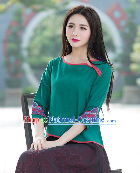 Traditional Chinese National Costume, Elegant Hanfu Embroidery Flowers Green T-Shirt, China Tang Suit Republic of China Blouse Cheongsam Upper Outer Garment Qipao Shirts Clothing for Women