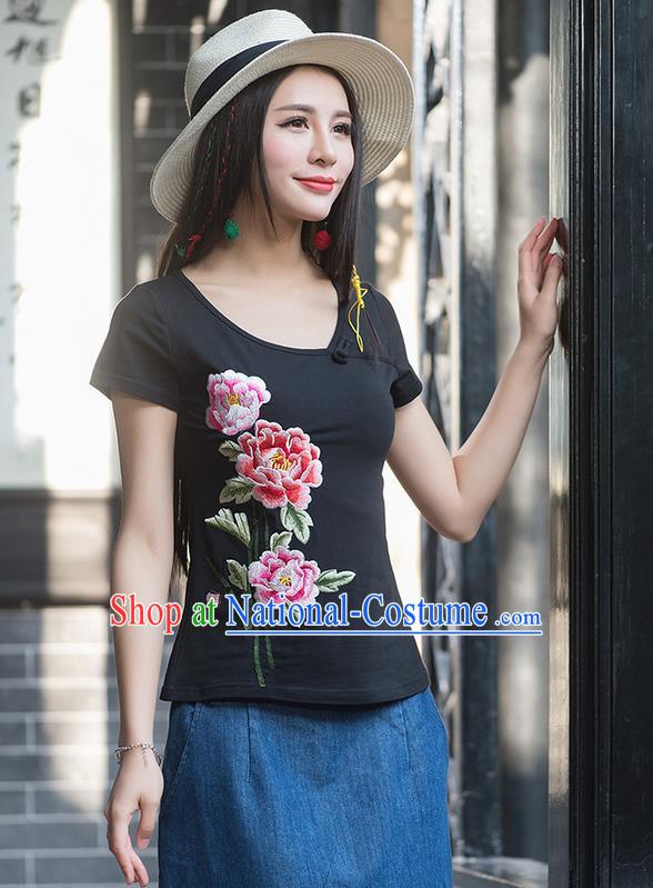 Traditional Chinese National Costume, Elegant Hanfu Embroidery Peony Flowers Round Collar Black T-Shirt, China Tang Suit Republic of China Blouse Cheongsam Upper Outer Garment Qipao Shirts Clothing for Women