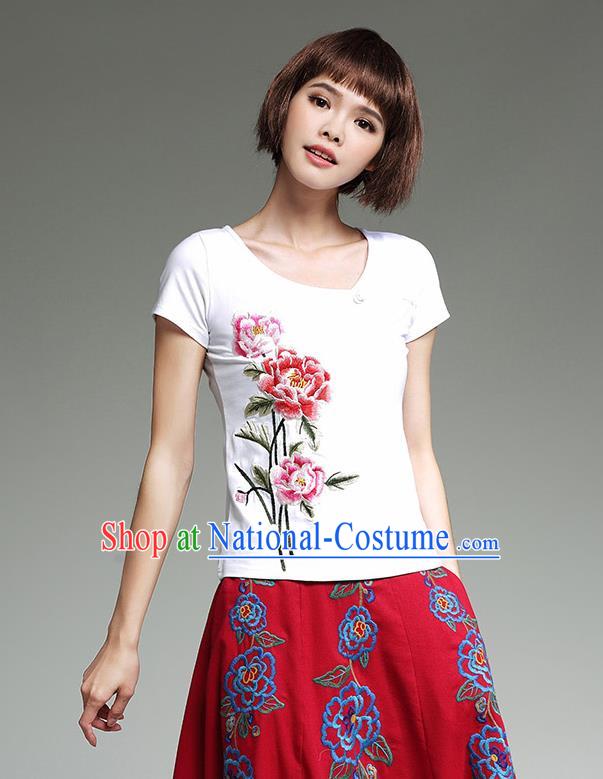 Traditional Chinese National Costume, Elegant Hanfu Embroidery Peony Flowers Round Collar White T-Shirt, China Tang Suit Republic of China Blouse Cheongsam Upper Outer Garment Qipao Shirts Clothing for Women