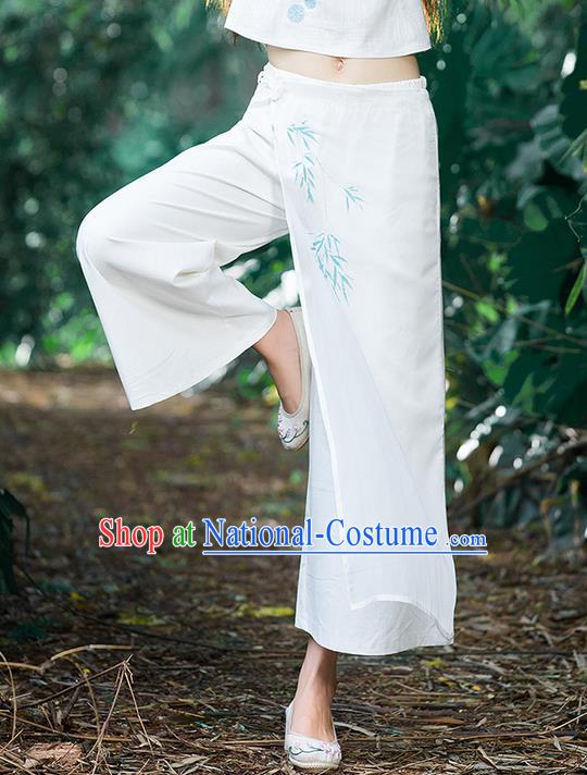 Traditional Chinese National Costume Loose Pants, Elegant Hanfu Hand Painting Bamboo Leaves Wide-leg White Trousers, China Ethnic Minorities Folk Dance Baggy Pants for Women