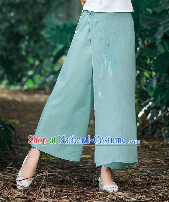 Traditional Chinese National Costume Loose Pants, Elegant Hanfu Hand Painting Bamboo Leaves Wide-leg Green Trousers, China Ethnic Minorities Folk Dance Baggy Pants for Women