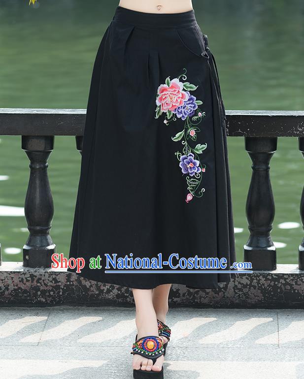 Traditional Ancient Chinese National Pleated Skirt Costume, Elegant Hanfu Embroidery Peony Flowers Long Black Linen Skirt, China Tang Suit Bust Skirt for Women