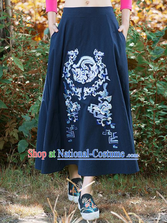 Traditional Ancient Chinese National Pleated Skirt Costume, Elegant Hanfu Embroidery Dragon and Phoenix Totem Long Navy Linen Skirt, China Tang Suit Bust Skirt for Women