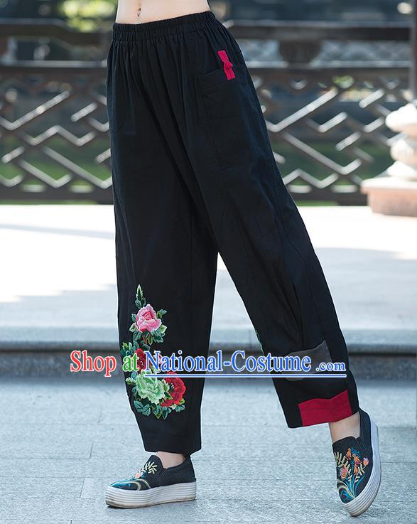 Traditional Chinese National Costume Plus Fours, Elegant Hanfu Embroidery Peony Black Bloomers, China Ethnic Minorities Folk Dance Tang Suit Pantalettes for Women