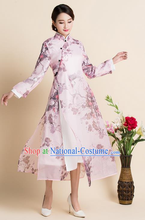 Traditional Ancient Chinese National Costume, Elegant Hanfu Mandarin Qipao Organza Printing Dress, China Tang Suit Chirpaur Republic of China Stand Collar Cheongsam Upper Outer Garment Elegant Dress Clothing for Women