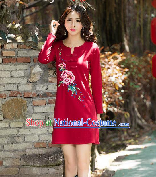 Traditional Ancient Chinese National Costume, Elegant Hanfu Mandarin Qipao Embroidery Flowers Red Dress, China Tang Suit Chirpaur Republic of China Plated Buttons Cheongsam Elegant Dress Clothing for Women