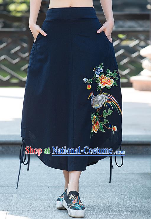 Traditional Ancient Chinese National Pleated Skirt Costume, Elegant Hanfu Embroidery Birds Flowers Long Blue Irregular Skirt, China Tang Suit Bust Skirt for Women