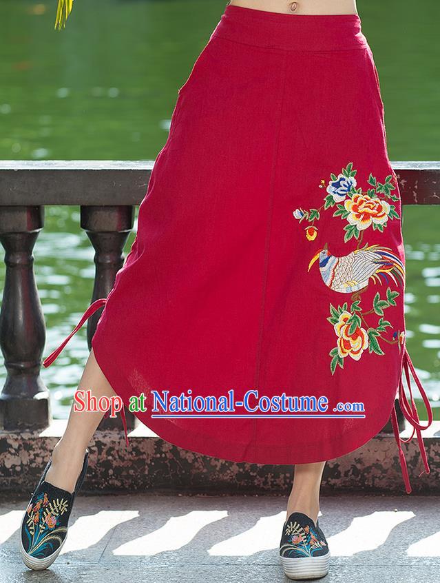 Traditional Ancient Chinese National Pleated Skirt Costume, Elegant Hanfu Embroidery Birds Flowers Long Red Irregular Skirt, China Tang Suit Bust Skirt for Women