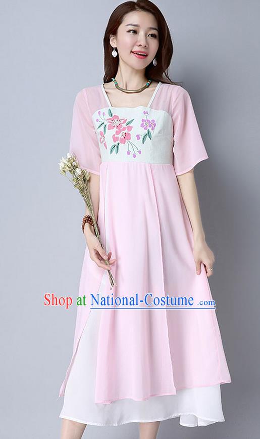 Traditional Ancient Chinese National Costume, Elegant Hanfu Chiffon Printing Flowers Pink Dress, China Tang Suit Chirpaur Cheongsam Elegant Dress Clothing for Women