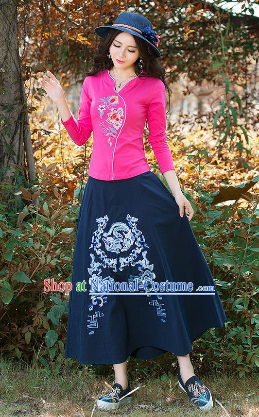 Traditional Chinese National Costume, Elegant Hanfu Embroidery Flowers Pink T-Shirt, China Tang Suit Republic of China Blouse Cheongsam Upper Outer Garment Shirts Clothing for Women