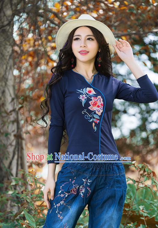 Traditional Chinese National Costume, Elegant Hanfu Embroidery Flowers Navy T-Shirt, China Tang Suit Republic of China Blouse Cheongsam Upper Outer Garment Shirts Clothing for Women