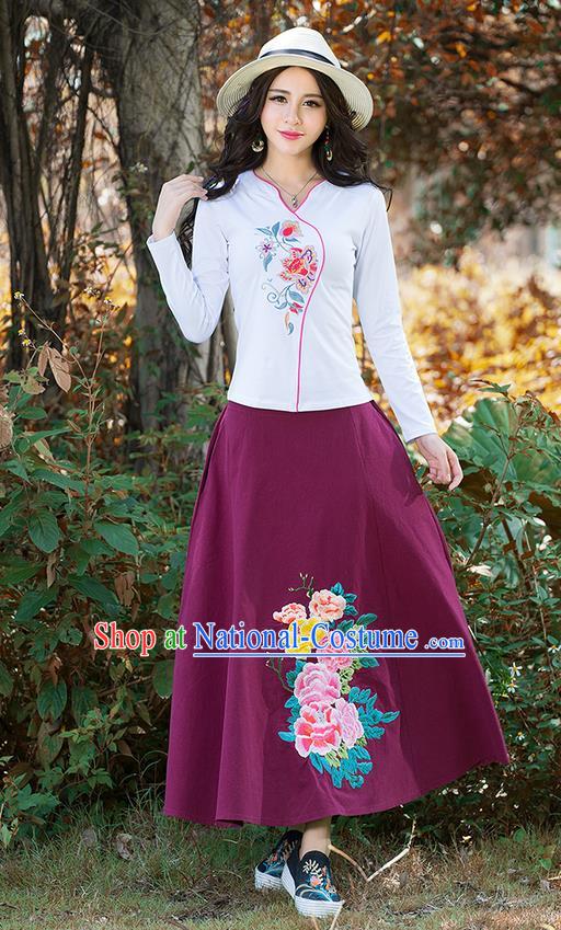 Traditional Chinese National Costume, Elegant Hanfu Embroidery Flowers White T-Shirt, China Tang Suit Republic of China Blouse Cheongsam Upper Outer Garment Shirts Clothing for Women