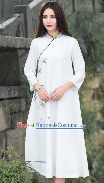 Traditional Ancient Chinese National Costume, Elegant Hanfu Mandarin Qipao Painting Bamboo White Dress, China Tang Suit Chirpaur Republic of China Stand Collar Cheongsam Elegant Dress Clothing for Women