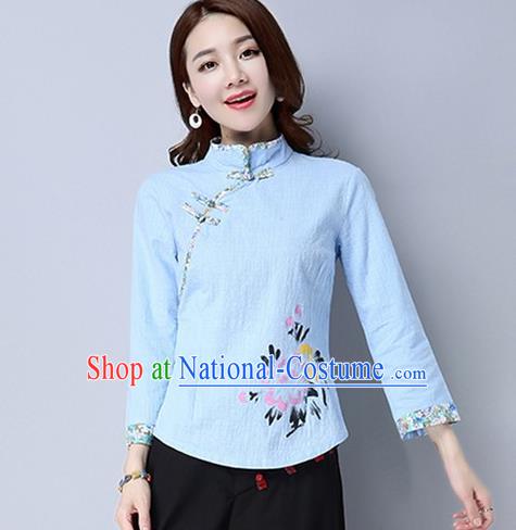 Traditional Chinese National Costume, Elegant Hanfu Painting Peony Flowers Slant Opening Blue Shirt, China Tang Suit Republic of China Plated Buttons Blouse Cheongsam Upper Outer Garment Qipao Shirts Clothing for Women