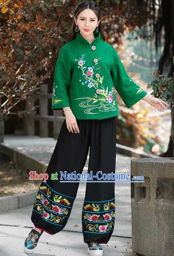 Traditional Chinese National Costume, Elegant Hanfu Embroidery Flowers Slant Opening Green Coat, China Tang Suit Republic of China Plated Buttons Blouse Cheongsam Upper Outer Garment Qipao Jacket Clothing for Women