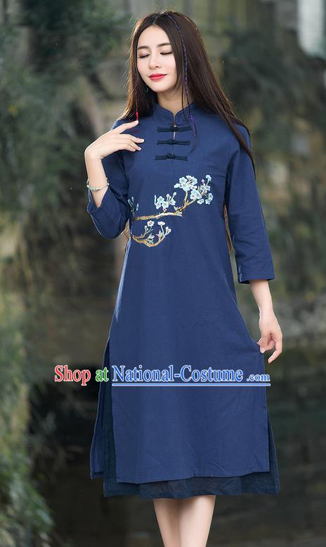 Traditional Ancient Chinese National Costume, Elegant Hanfu Mandarin Qipao Embroidery Flowers Navy Dress, China Tang Suit Stand Collar Chirpaur Republic of China Plated Buttons Cheongsam Elegant Dress Clothing for Women