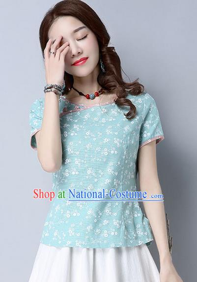 Traditional Chinese National Costume, Elegant Hanfu Flower Color Blue T-Shirt, China Tang Suit Republic of China Plated Buttons Blouse Cheongsam Upper Outer Garment Qipao Shirts Clothing for Women